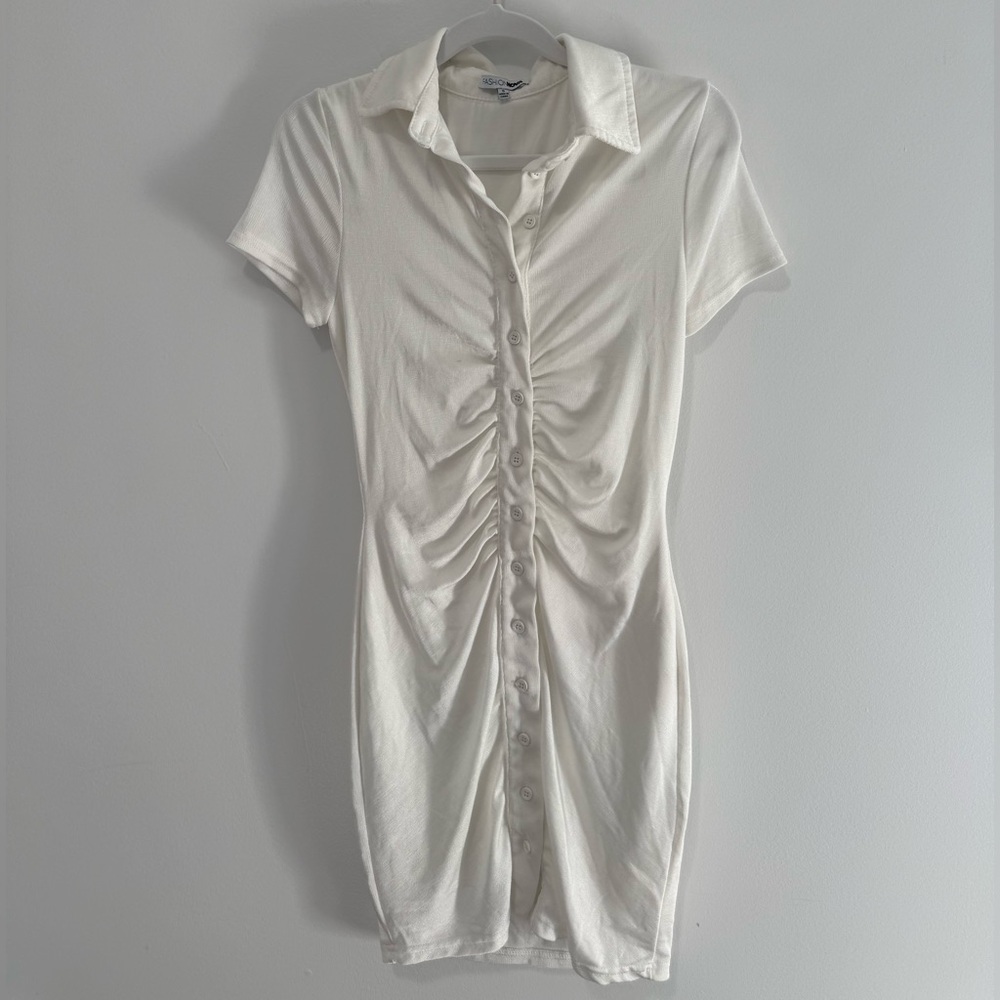 Fashion Nova Y2K Ruched Button Front Mini Shirt Dress Cream Size S